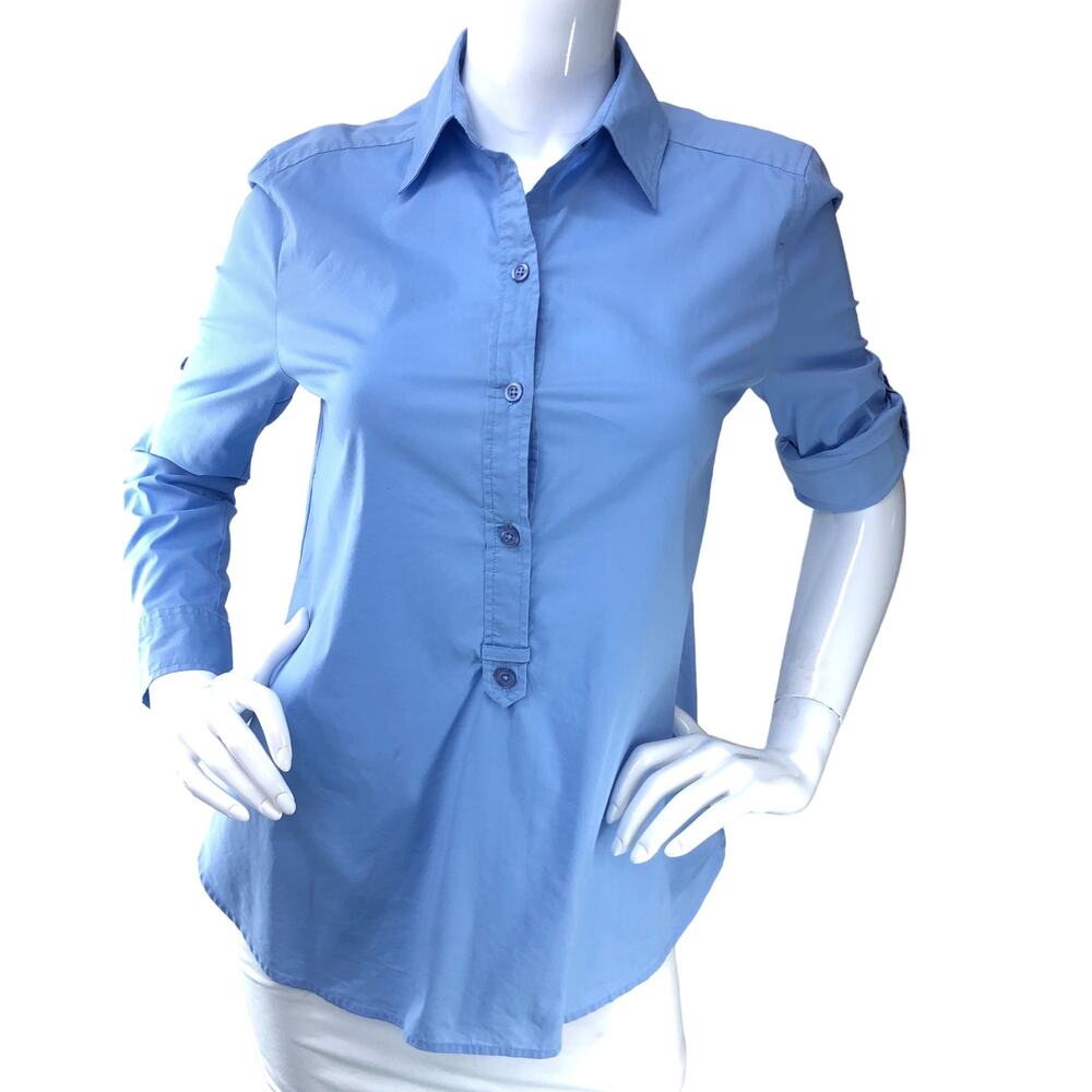Jennifer and Grace Size S Button Front Popover Tunic Top Blue Roll Tab Stretch